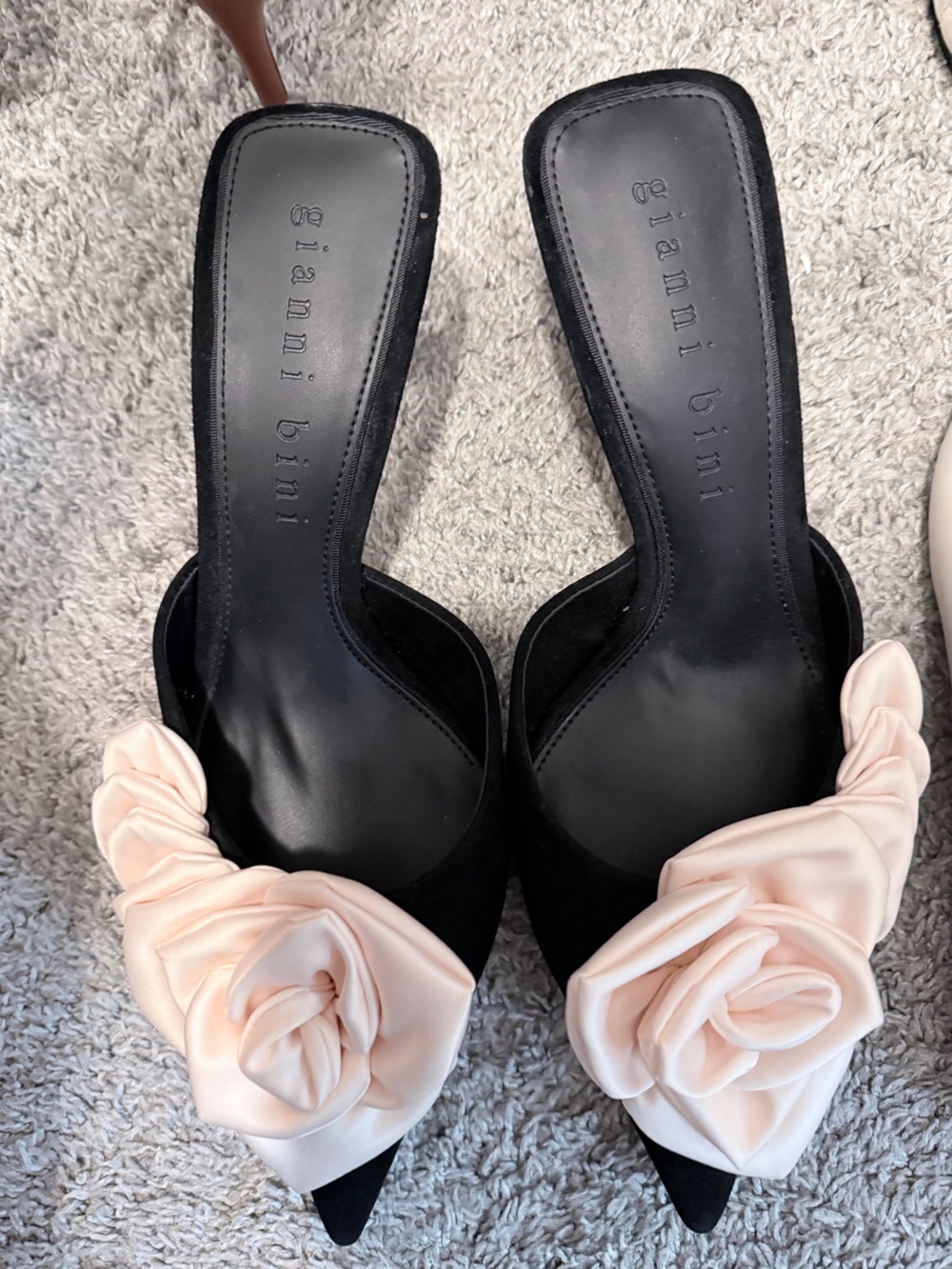 Gianni Bini Black Slide Mules with Blush Rose Detail